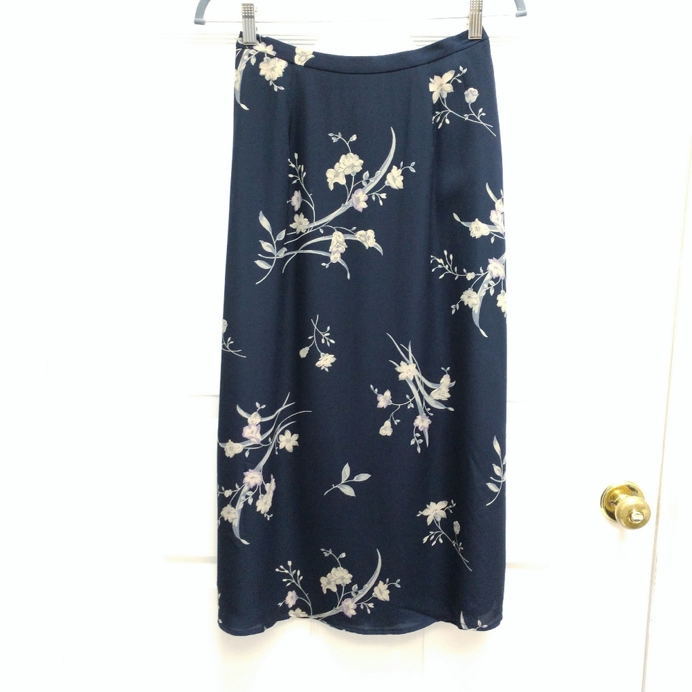 Navy Blue Silk Floral Skirt Size 8P